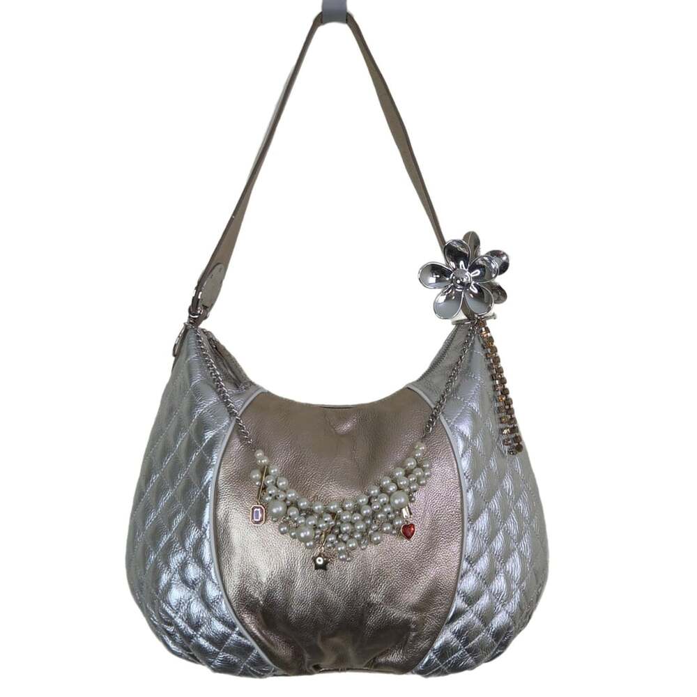 Bodhi Quilted Metallic Shoulder Bag Handmade Pearl Chain Attachment Large NWT